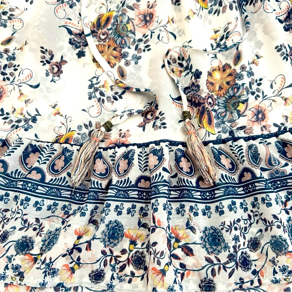 Knox Rose Small White Multicolor Floral Boho Peasant Tie Front Blouse